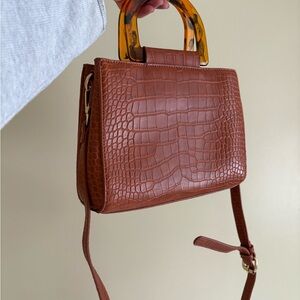 Brown Croc-Embossed Handbag with Tortoise Handles